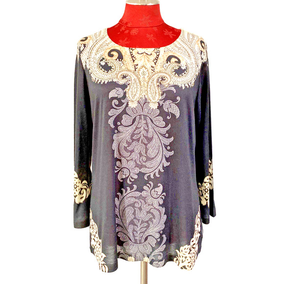 Chico’s Sz 1 (M-8) Casual Tunic Top Black Beige Rhinestone Embellished Neckline - Picture 1 of 7